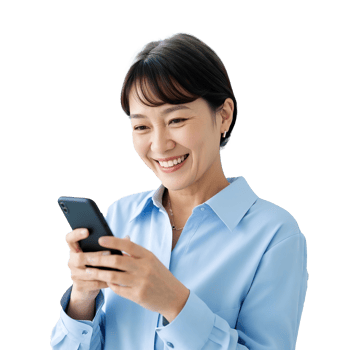 Happy Woman Using A Smartphone Light Blue Shirt, Isolated On Transparent Background png