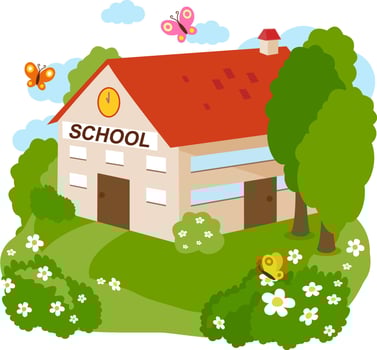 School building. Kindergarten or school building in the country. Play yard and garden. vector