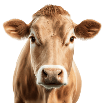 Gentle brown cow has large expressive eyes and furry ears png