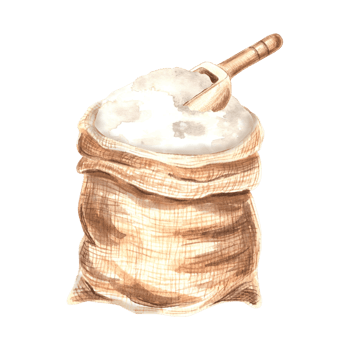 Jute sack with white sugar, salt or flour. Fullbag from hemp with harvest. Hand drawn watercolor illustration. Canvas pouch with product for cooking and bakery. Clipart for food design, print png