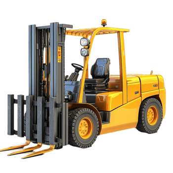 Yellow forklift stands with black forks ready for lifting png