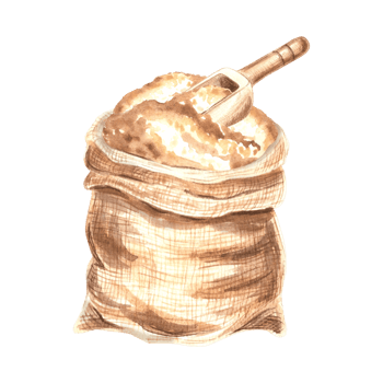 Jute sack with brown sugar or flour and wooden scoop. Fullbag from hemp with harvest. Hand drawn watercolor illustration isolated. Canvas pouch with bulk productfor cooking. Clipart for food design. png