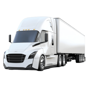 White semitruck with a streamlined design moves forward on an open road png