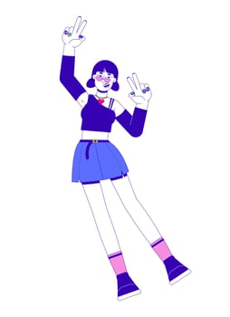 Stylish asian y2k girl with trendy accessories making peace signs 2D cartoon character. Early 2000s woman with nails painted isolated person flat on white background. Spot illustration colorful vector