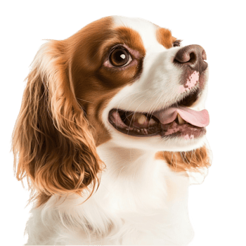 Happy Cavalier King Charles Spaniel looks up with eyes and floppy ears png