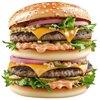 Towering double cheeseburger overflows with lettuce and melted cheese png