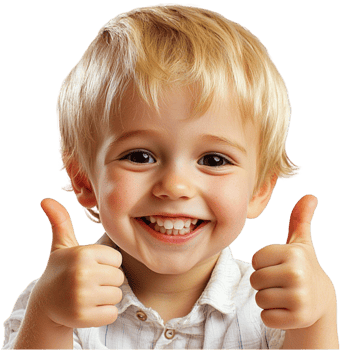 Young blondehaired boy gives two enthusiastic thumbs up with a big smile png