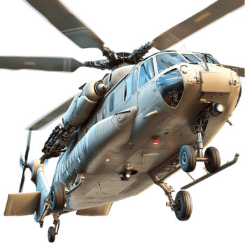 Military helicopter with a blue camouflage pattern hovers in miir png