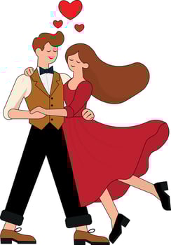 Beautiful couple of lovers, dancing, with hearts above their heads, happy, clipart, cartoon, illustration vector