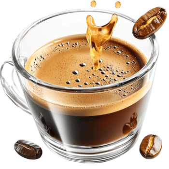 Steaming cup of espresso with a splash of coffee beans rising above png