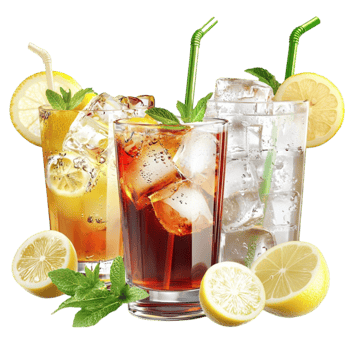 Reing iced drinks with lemon slices and mint leaves are served in crystalclear glasses png
