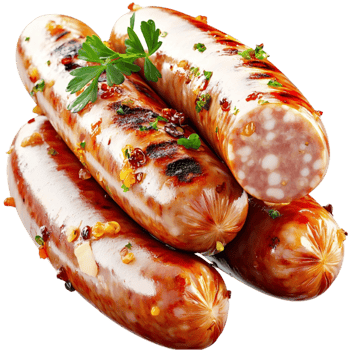 Juicy grilled sausages with a outer layer and garnished with parsley png