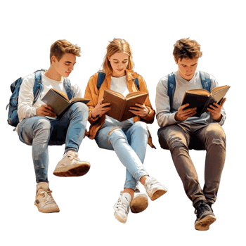 Group of three young students sitting together and reading books while engaged in learning png