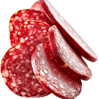 Sliced salami with a marbled texture and red color placed in a stack png