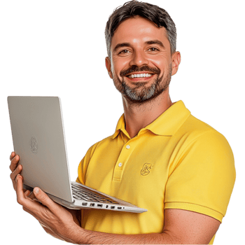 Smiling man in a yellow polo shirt holding a laptop and looking confident png