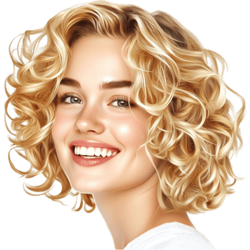 Blonde woman with curly hair and blue eyes smiling with joy png