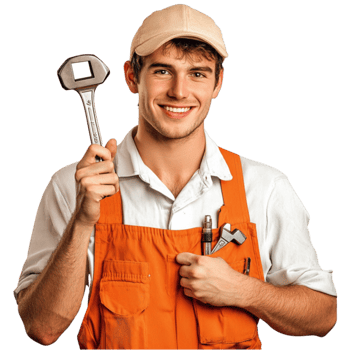 Young male plumber in an orange overall holding a wrench and smiling png