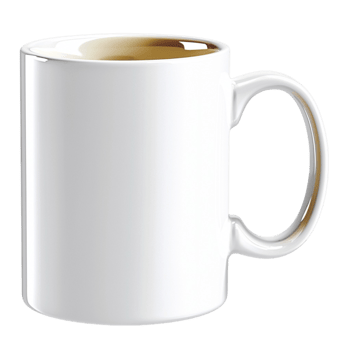 Plain white ceramic coffee mug with a curved handle filled with a warm beverage png