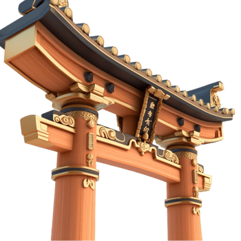 Traditional wooden Japanese torii gate with intricate gold details and curved beams png