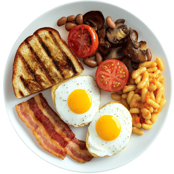 Traditional full English breakfast with fried eggs bacon grilled toast and tomatoes png
