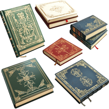 Collection of vintage books with intricate gold detailing on the covers png