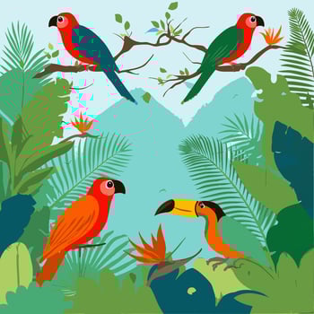 Tropical Rainforest with Colorful Birds vector