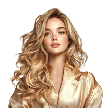 woman with long wavy blonde hair wearing a silky golden dress png