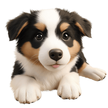 Adorable fluffy puppy with black white and brown fur looking curious png