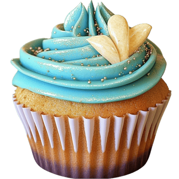 cupcake with blue frosting and a small golden heartshaped cookie png