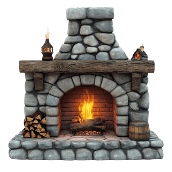 Cozy Rustic Brick Fireplace on transparent background. png