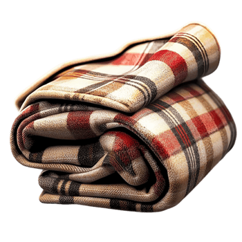 Cozy folded plaid blanket with fabric and a red beige and black pattern png