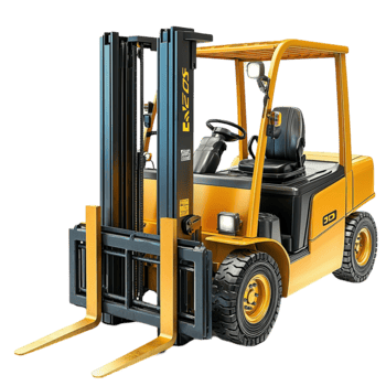 Heavyduty yellow forklift with black wheels and long metal forks in a lifted position png