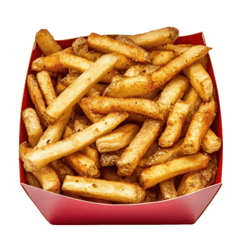 Crispy French Fries in Red Box on transparent background. png