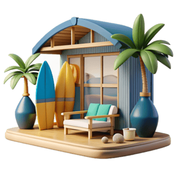 impressive traditional Beach House Relaxation Surfboards, Palms, and Coastal Vibes detailed png