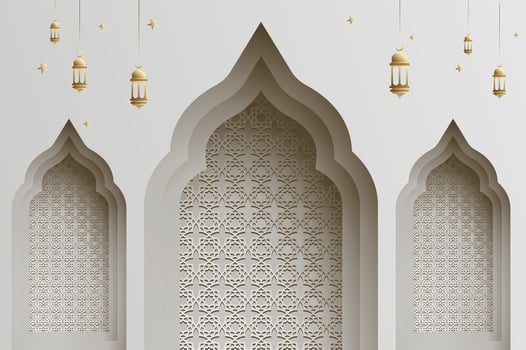 3D effect papercut style Islamic arch window with lantern, ramadan background and Islamic festival celebration template with copy space. vector