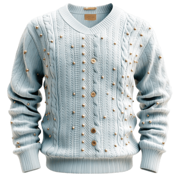 Cozy light blue knitted sweater with small golden embroidered details and a warm texture png