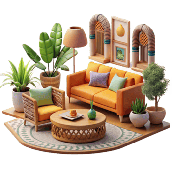 wonderful vintage Modern Minimalist Living Room Design with Rattan Accents detailed png
