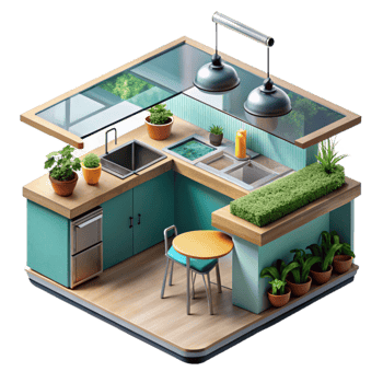 serene traditional Modern Kitchen Design Indoor Herb Garden Teal Cabinets premium png