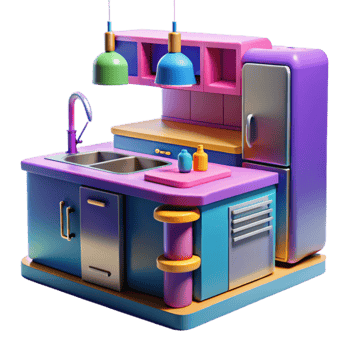 dramatic traditional Colorful 3D Cartoon Kitchen Island Design premium png