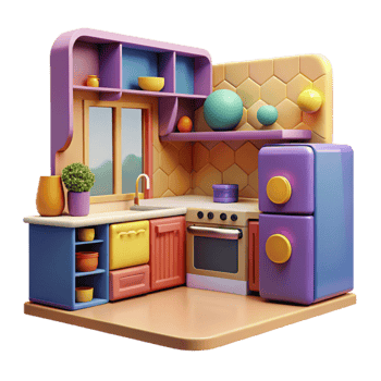 extraordinary contemporary Cartoon Kitchen 3D Render of Colorful Cabinets, Appliances Decor professional png
