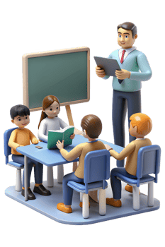A teacher is teaching students at a table png