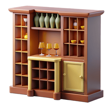 elegant artistic Wooden Wine Rack Cabinet with Shelves Glass Holders professional png