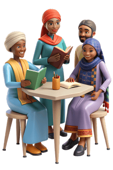 Three people sitting at a table with books png