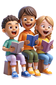 Three children sitting on a bench reading books png
