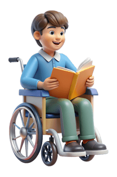 A boy in a wheelchair reading a book png