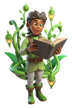 A cartoon boy reading a book with plants around him png