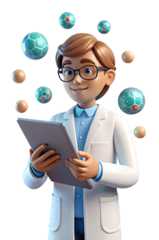 A man in a lab coat holding a tablet with a bunch of bubbles floating around him png