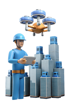 A man in a blue helmet holding a tablet computer and a drone png