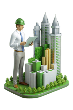 A man in a hard hat and green shirt standing in front of a city png