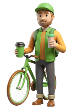 A man with a green bicycle and a cup of coffee png